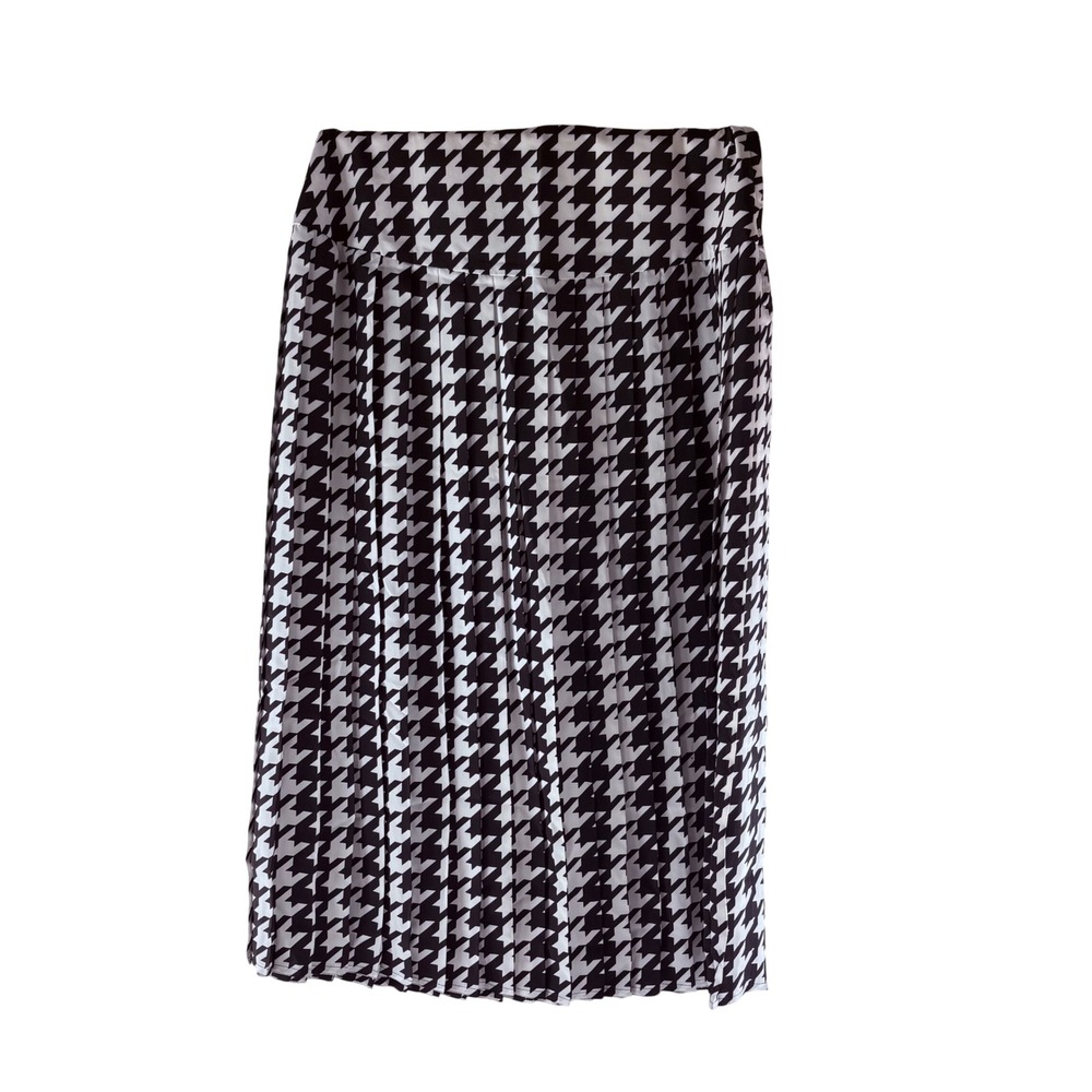 Vintage Houndstooth Pleated Midi Skirt Black‎ White Size 8 Made in Hong Kong